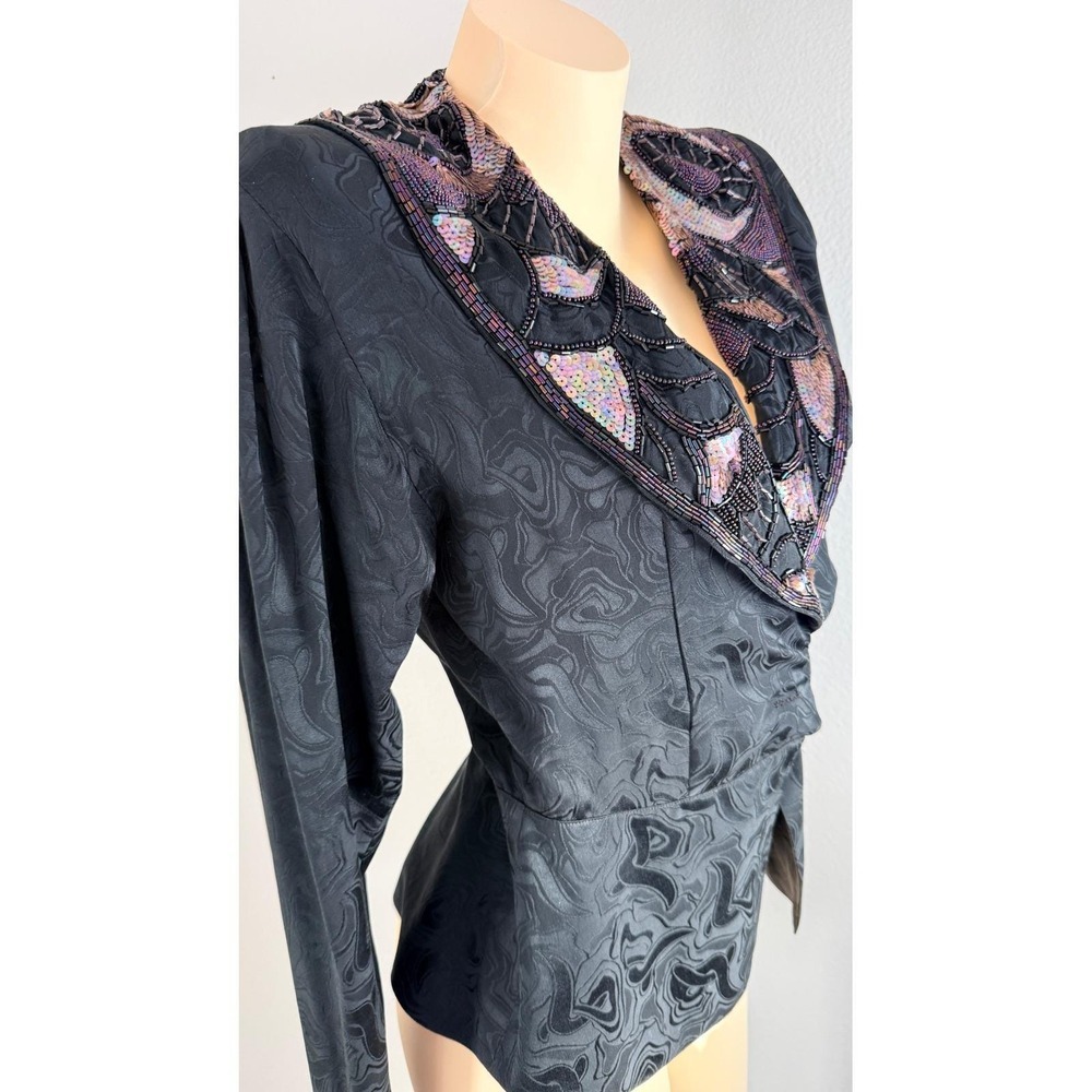 Vintage Silk Beaded Sequin Jacquard Evening Blazer Black Long Sleeve Jacket - Picture 4 of 14